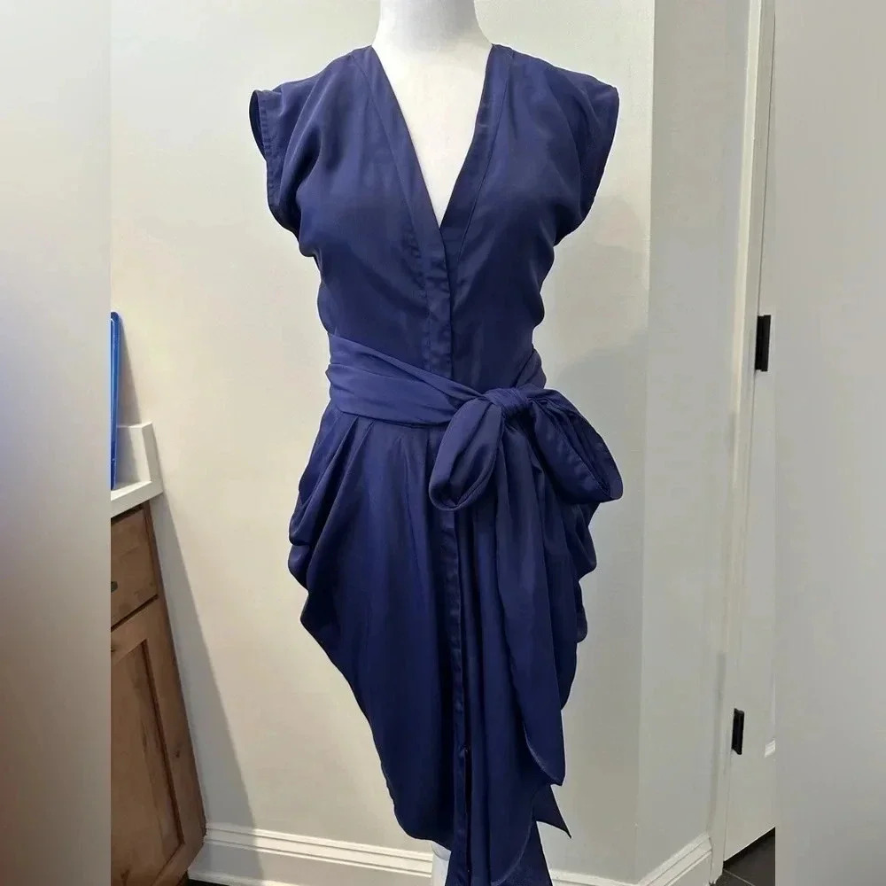Rungolee Cocktail Dress Short Mini Blue Drape with wrap tie sash Small